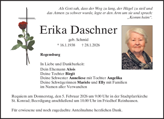 Traueranzeige von Erika Daschner von Mittelbayerische Zeitung Regensburg