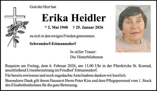Traueranzeige von Erika Heidler von Mittelbayerische Zeitung Schwandorf