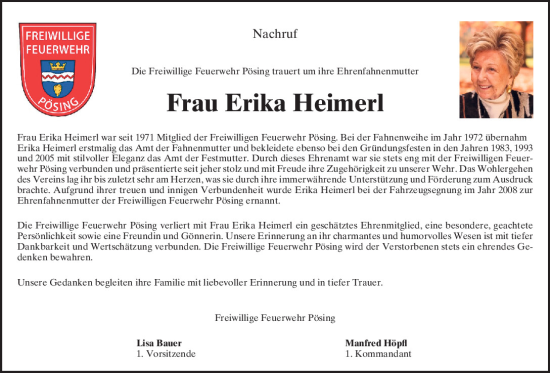 Traueranzeige von Erika Heimerl von Bayerwald Echo