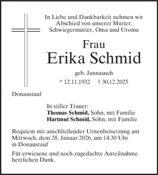 Traueranzeige von Erika Schmid von Mittelbayerische Zeitung Regensburg