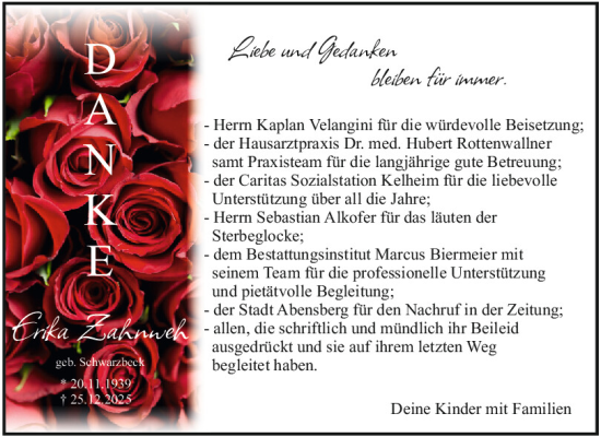 Traueranzeige von Erika Zahnweh von Mittelbayerische Zeitung Kelheim