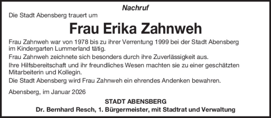 Traueranzeige von Erika Zahnweh von Mittelbayerische Zeitung Kelheim