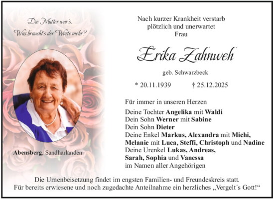 Traueranzeige von Erika Zahnweh von Mittelbayerische Zeitung Kelheim