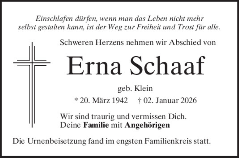  Traueranzeige für Erna Schaaf vom 29.01.2026 aus Mittelbayerische Zeitung Kelheim