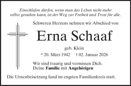 Traueranzeige von Erna Schaaf von Mittelbayerische Zeitung Kelheim