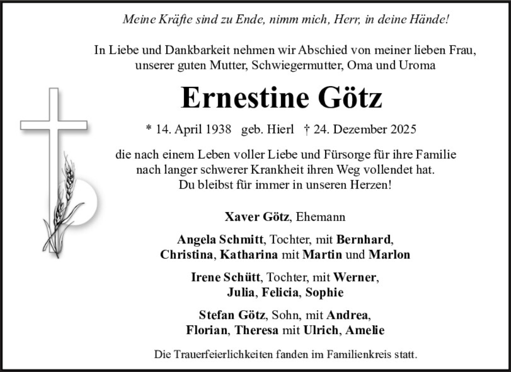  Traueranzeige für Ernestine Götz vom 17.01.2026 aus Neumarkter Tagblatt