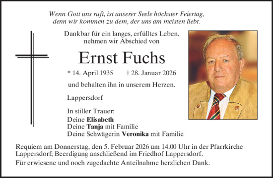 Traueranzeige von Ernst Fuchs von Mittelbayerische Zeitung Regensburg