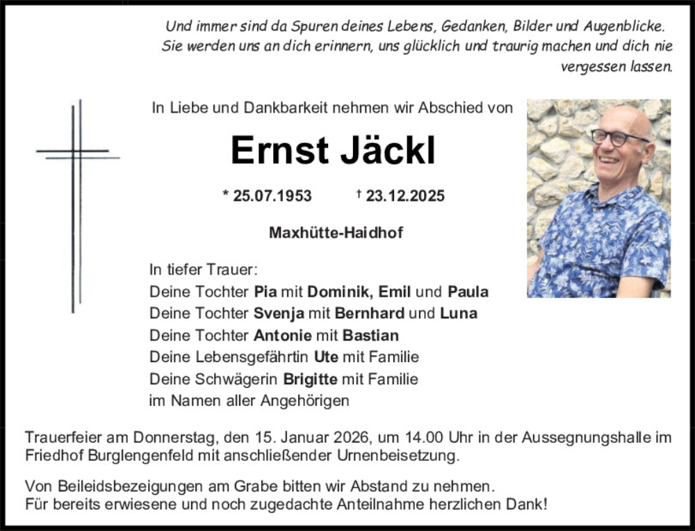  Traueranzeige für Ernst Jäckl vom 10.01.2026 aus Mittelbayerische Zeitung Schwandorf