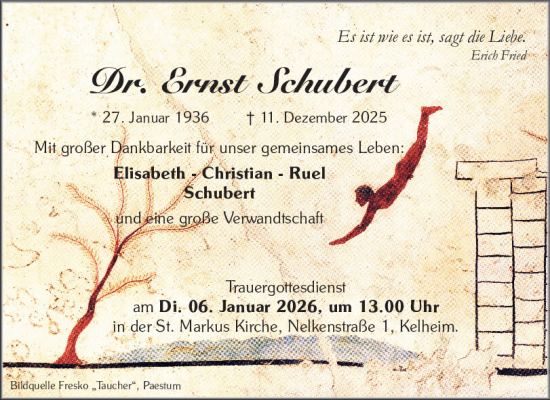 Traueranzeige von Ernst Schubert von Mittelbayerische Zeitung Kelheim