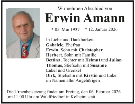 Traueranzeige von Erwin Amann von Mittelbayerische Zeitung Kelheim