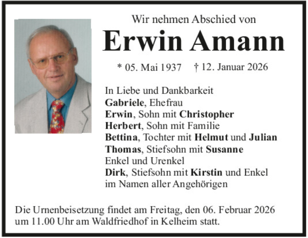  Traueranzeige für Erwin Amann vom 31.01.2026 aus Mittelbayerische Zeitung Kelheim