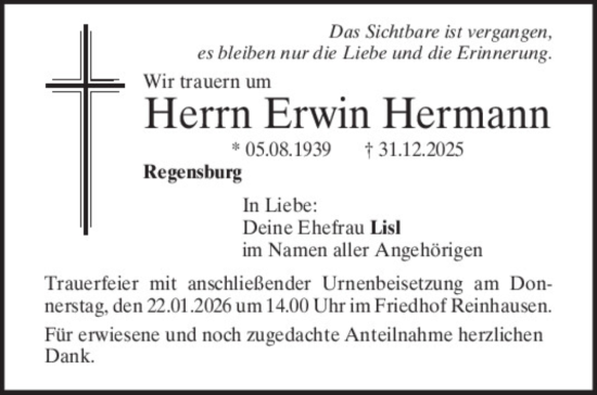 Traueranzeige von Erwin Hermann von Mittelbayerische Zeitung Regensburg