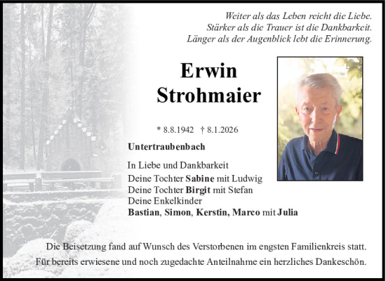 Traueranzeige von Erwin Strohmaier von Bayerwald Echo