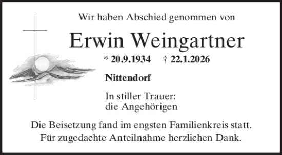 Traueranzeige von Erwin Weingartner von Mittelbayerische Zeitung Regensburg