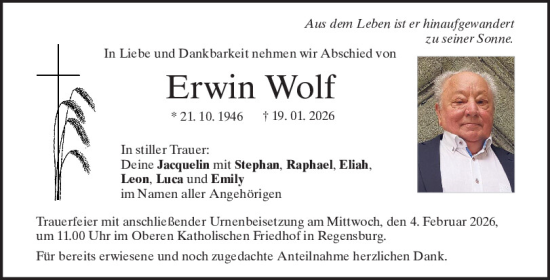 Traueranzeige von Erwin Wolf von Mittelbayerische Zeitung Regensburg