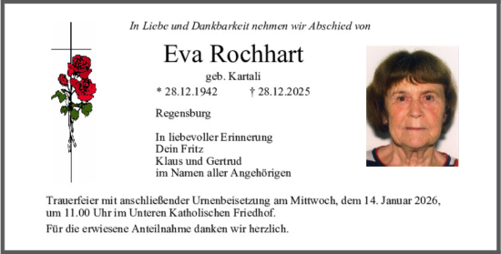 Traueranzeige von Eva Rochhart von Mittelbayerische Zeitung Regensburg