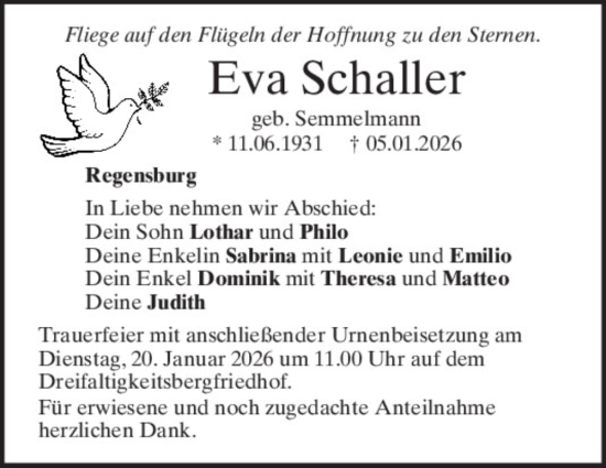 Traueranzeige von Eva Schaller von Mittelbayerische Zeitung Regensburg