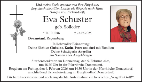 Traueranzeige von Eva Schuster von Mittelbayerische Zeitung Regensburg