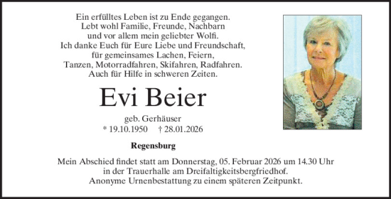 Traueranzeige von Evi Beier von Mittelbayerische Zeitung Regensburg
