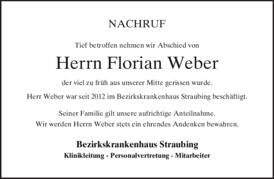 Traueranzeige von Florian Weber von Bayerwald Echo