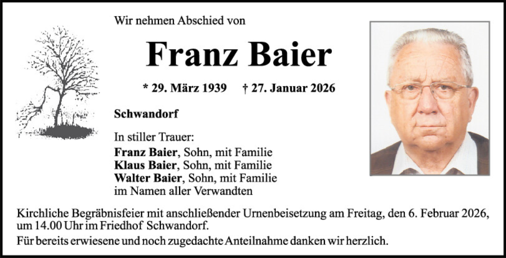  Traueranzeige für Franz Baier vom 31.01.2026 aus Mittelbayerische Zeitung Schwandorf