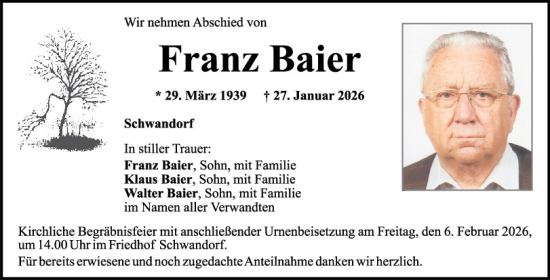 Traueranzeige von Franz Baier von Mittelbayerische Zeitung Schwandorf