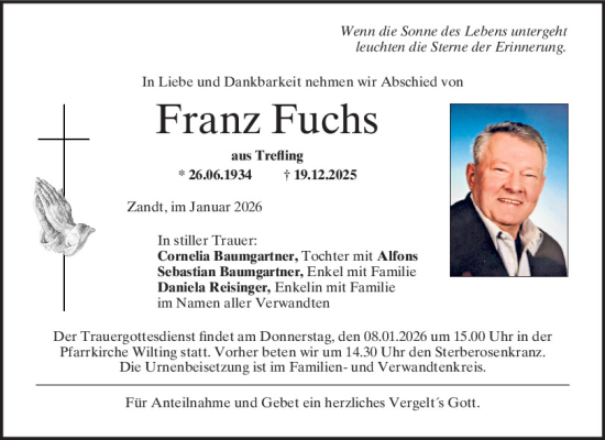 Traueranzeige von Franz Fuchs von Bayerwald Echo