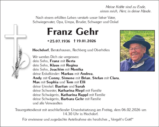 Traueranzeige von Franz Gehr von Mittelbayerische Zeitung Regensburg