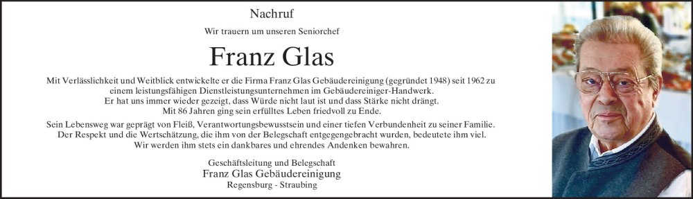  Traueranzeige für Franz Glas vom 24.01.2026 aus Mittelbayerische Zeitung Regensburg