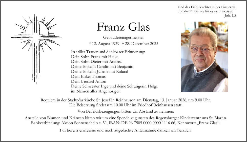  Traueranzeige für Franz Glas vom 10.01.2026 aus Mittelbayerische Zeitung Regensburg