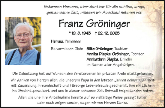 Traueranzeige von Franz Gröninger von Mittelbayerische Zeitung Gesamtausgabe