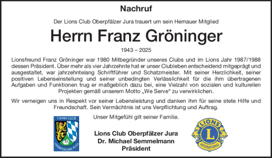 Traueranzeige von Franz Gröninger von Mittelbayerische Zeitung Regensburg