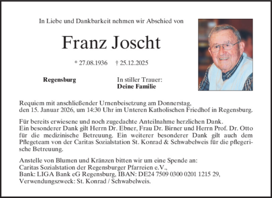 Traueranzeige von Franz Joscht von Mittelbayerische Zeitung Regensburg