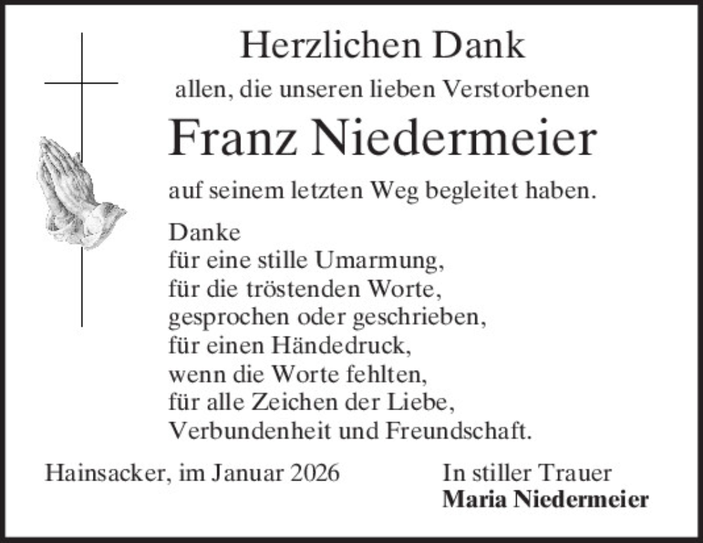  Traueranzeige für Franz Niedermeier vom 24.01.2026 aus Mittelbayerische Zeitung Regensburg