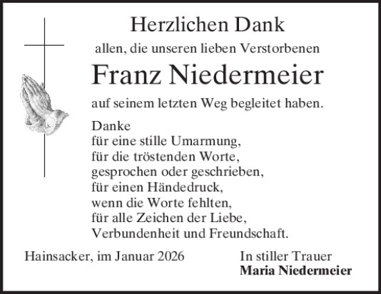Traueranzeige von Franz Niedermeier von Mittelbayerische Zeitung Regensburg