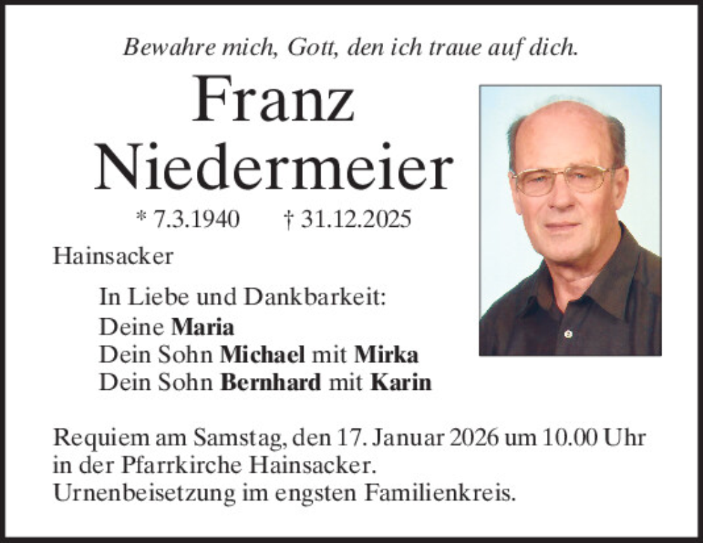  Traueranzeige für Franz Niedermeier vom 10.01.2026 aus Mittelbayerische Zeitung Regensburg