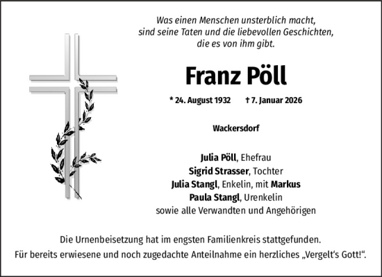 Traueranzeige von Franz Pöll von Mittelbayerische Zeitung Schwandorf