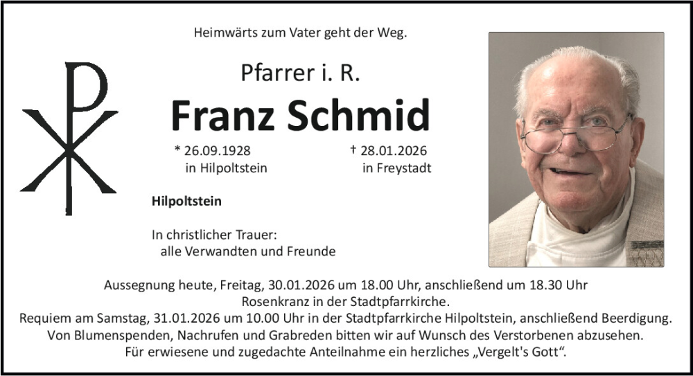  Traueranzeige für Franz Schmid vom 30.01.2026 aus Neumarkter Tagblatt