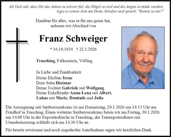 Traueranzeige von Franz Schweiger von Bayerwald Echo