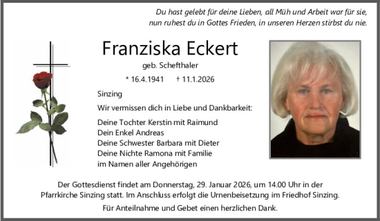 Traueranzeige von Franziska Eckert von Mittelbayerische Zeitung Regensburg