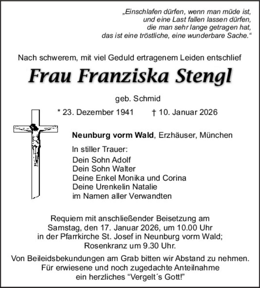  Traueranzeige für Franziska Stengl vom 14.01.2026 aus Mittelbayerische Zeitung Schwandorf