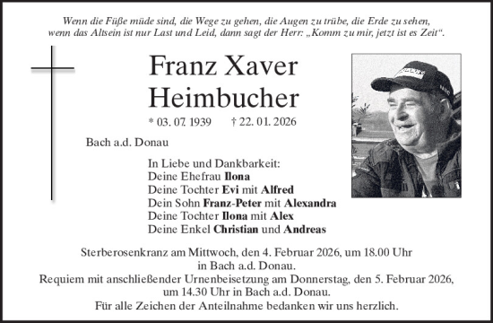 Traueranzeige von Franz Xaver Heimbucher von Mittelbayerische Zeitung Regensburg