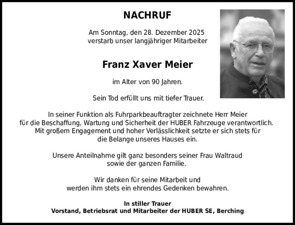  Traueranzeige für Franz Xaver Meier vom 17.01.2026 aus Neumarkter Tagblatt