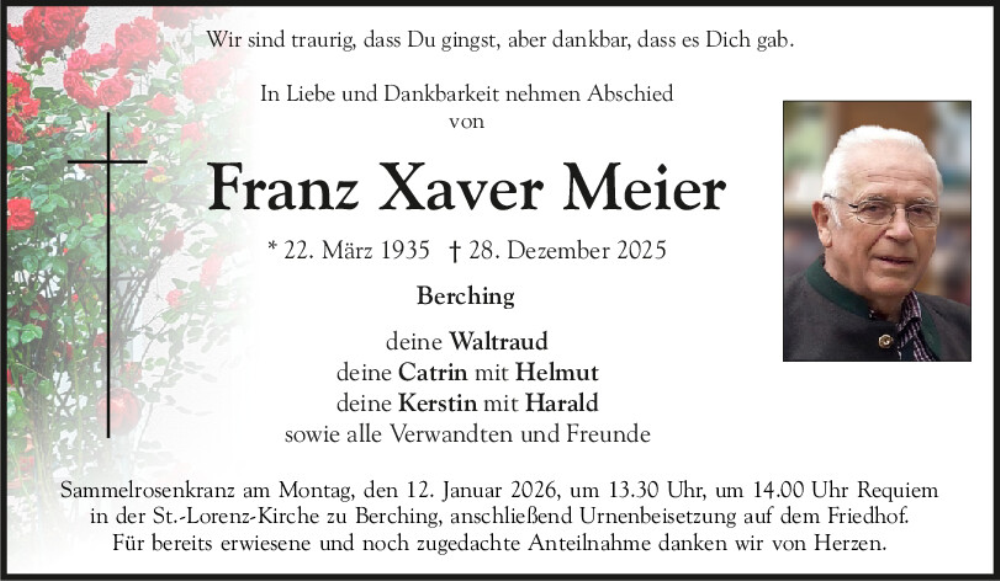  Traueranzeige für Franz Xaver Meier vom 08.01.2026 aus Neumarkter Tagblatt