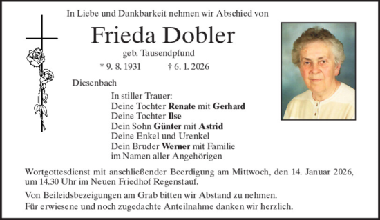 Traueranzeige von Frieda Dobler von Mittelbayerische Zeitung Regensburg