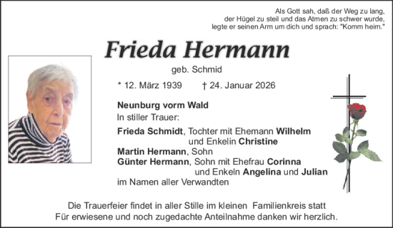 Traueranzeige von Frieda Hermann von Mittelbayerische Zeitung Schwandorf