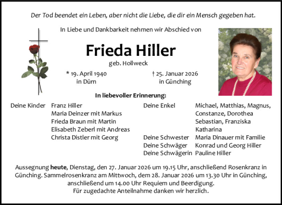 Traueranzeige von Frieda Hiller von Neumarkter Tagblatt