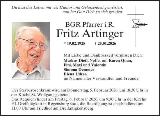 Traueranzeige von Fritz Artinger von Mittelbayerische Zeitung Regensburg