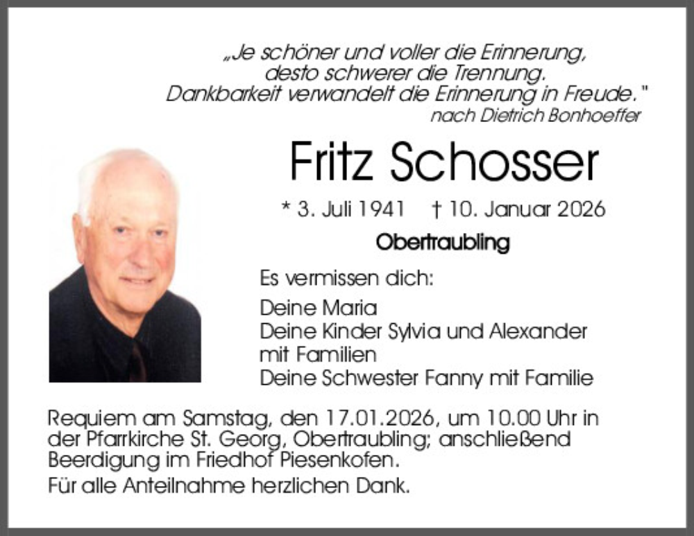  Traueranzeige für Fritz Schosser vom 14.01.2026 aus Mittelbayerische Zeitung Regensburg