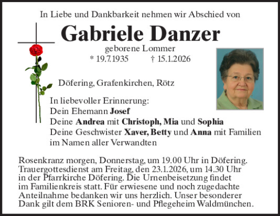 Traueranzeige von Gabriele Danzer von Bayerwald Echo